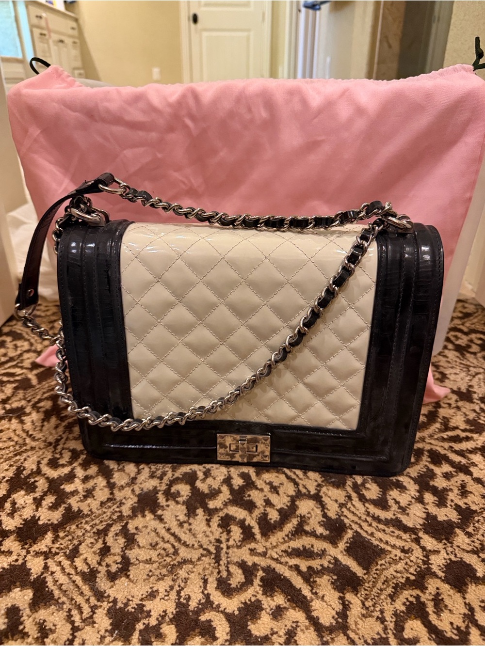 Argentinean Leather Quilted Two-Tone Chain Shoulder Bag - Black & Cream